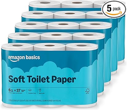 Amazon Basics 2-Ply Soft Toilet Paper, 30 Rolls (5 Packs of 6), 350 Sheets per Roll, Septic Safe, Equivalent to 185 Regular Rolls
