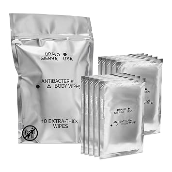 Body Wipes by Bravo Sierra - 10 Individually Wrapped Extra Thick Biodegradable Shower Wipes with Benzalkonium Chloride & Aloe Vera for Adults, Men and Women - No Rinse Bathing for Camping & Travel