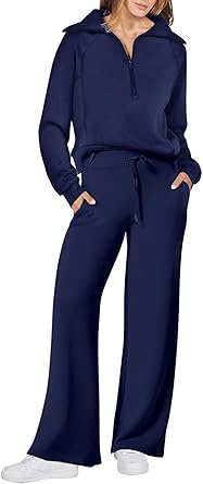 ANRABESS Women’s 2 Piece Outfits Half Zip Sweatshirt & Wide Leg Pants Airport Travel Lounge Matching Sets Sweatsuits Clothing