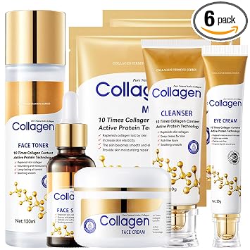Collagen Skin Care Set, 6Pcs Face Care Sets for Older Women, Firming Skin, Shrink Pores, Smooth Wrinkles, Hydrating Skin Care Set Include Serum Face Cream Eye Cream Toner Cleanser Facial Mask1