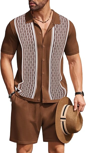 COOFANDY Men's 2 Piece Outfit Vintage Short Sleeve Button Down Knit Polo Shirts Casual Beach Shorts Sets
