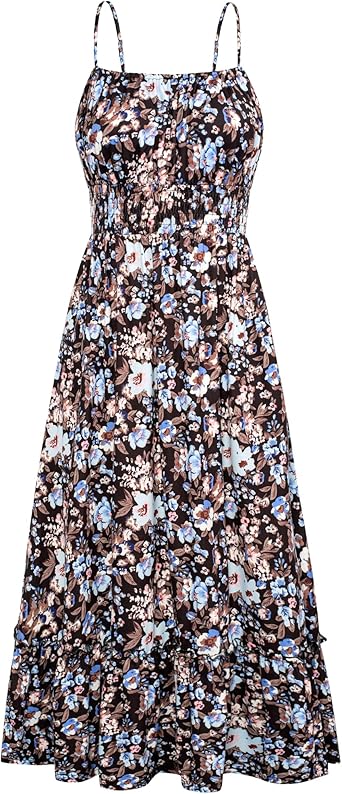 GRACE KARIN Summer Dresses for Women 2026 Vacation,Smocked Floral Maxi Dress,Boho Beach Sundress with Pocket Fashion Clothing