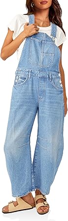 PLNOTME Womens Denim Bib Overalls Barrel Leg Adjustable Strap Jean Pants Jumpsuits with Pockets