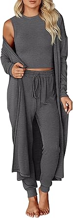 KIRUNDO 3 Piece Lounge Sets for Women Airport Travel Vacation Outfits 2026 Fall Cardigan Matching Sleeveless Top Jogger Pants
