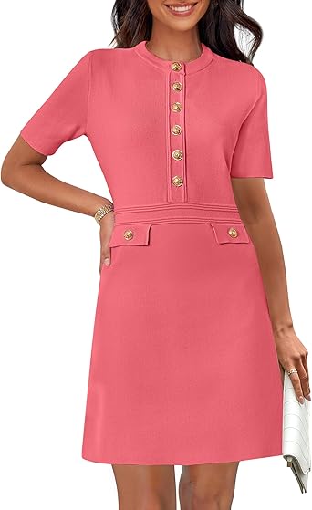 MEROKEETY Women's Summer Bodycon Sweater Dress Business Casual Outfis Short Sleeve Knit Button Formal Elegant Work Dress