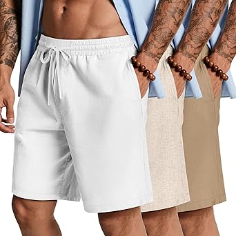 Neer 3 Pack Men's Cotton Linen Shorts Casual Elastic Waist Drawstring Shorts Summer Knee Length Beach Short with Pockets