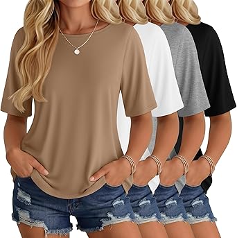 Neer 4 Pack Women's Half Sleeve Top Elbow Length T Shirt Oversized Round Neck Tee Summer Casual Tops