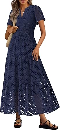 PRETTYGARDEN Womens 2026 Summer Maxi Dress Short Sleeve V Neck Hollow Out Eyelet A Line Long Flowy Beach Vacation Dresses