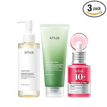 Anua 3-Step Glass Skin Beginner Set, Oil Cleanser and Face Wash with Facial Serum, Double Cleansing Daily Routine with Niacinamide, Korean Skin Care Set