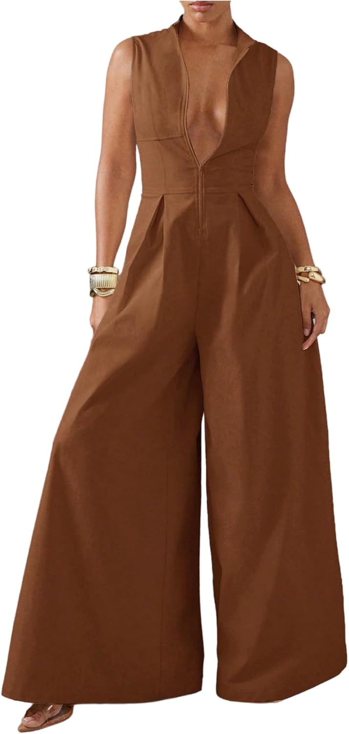 SOLY HUX Women's Zipper Front Wide Leg Jumpsuit Summer Mock Neck Sleeveless Elegant Romper
