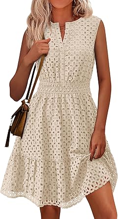 PRETTYGARDEN Women's Summer Dresses 2026 Sleeveless V Neck Eyelet Hollow Out Swing A Line Beach Vacation Sun Dress