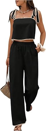 SOLY HUX Women's Summer Vacation 2 Piece Set Tie Shoulder Crop Top and Pants Travel Outfits