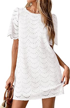 PRETTYGARDEN Women's 2026 Summer Casual Short Dresses Embroidered Lace Short Sleeve Boho Mini Dress Beach Vacation Clothes
