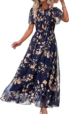 Simplee Womens Casual Floral Summer Maxi Dress 2026 Boho Flowy Short Sleeve Crew Neck Vacation Smocked Chiffon Dresses