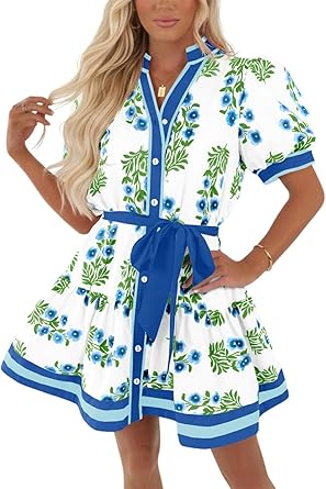 Wenrine Womens Summer Floral Mini Dress Puff Short Sleeve V Neck Button Down Casual Loose Boho Beach Dresses with Belt