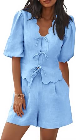 Cicy Bell Womens Summer 2 Piece Short Sets Puff Short Sleeve V Neck Bow Tie Front Tops Wide Leg Shorts Pajamas Matching Sets