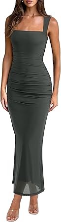 REORIA Summer Wedding Guest Maxi Dresses for Women Sleeveless Square Neck Sheer Mesh Ruched Bodycon Long Dress Trendy Clothes
