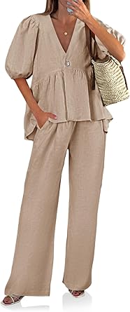 Tankaneo Womens 2 Piece Linen Sets Summer Vacation Outfits V Neck Puff Sleeve Babydoll Tops Wide Leg Pants Matching Sets